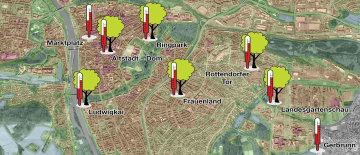Karte: klimaerlebnis.wzw.tum.de – Messstandorte im Stadtraum Karte: klimaerlebnis.wzw.tum.de – Messstandorte im Stadtraum