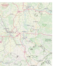 Übersichtskarte der Versuchsflächen nahe Würzburg